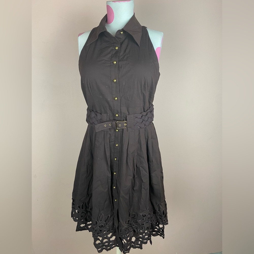 Brown Belted Button Up Dress